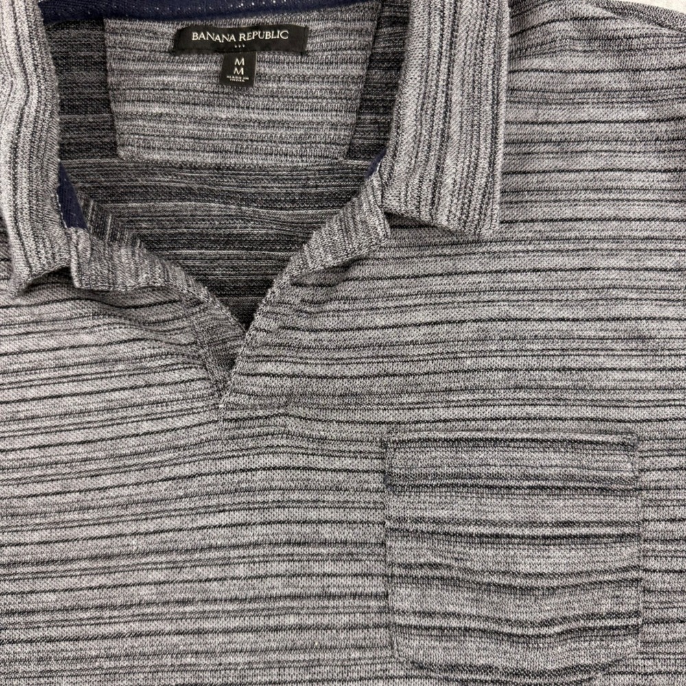 Banana Republic Mens Medium‎ Gray Striped Short Sleeve Polo Shirt Chest Pocket